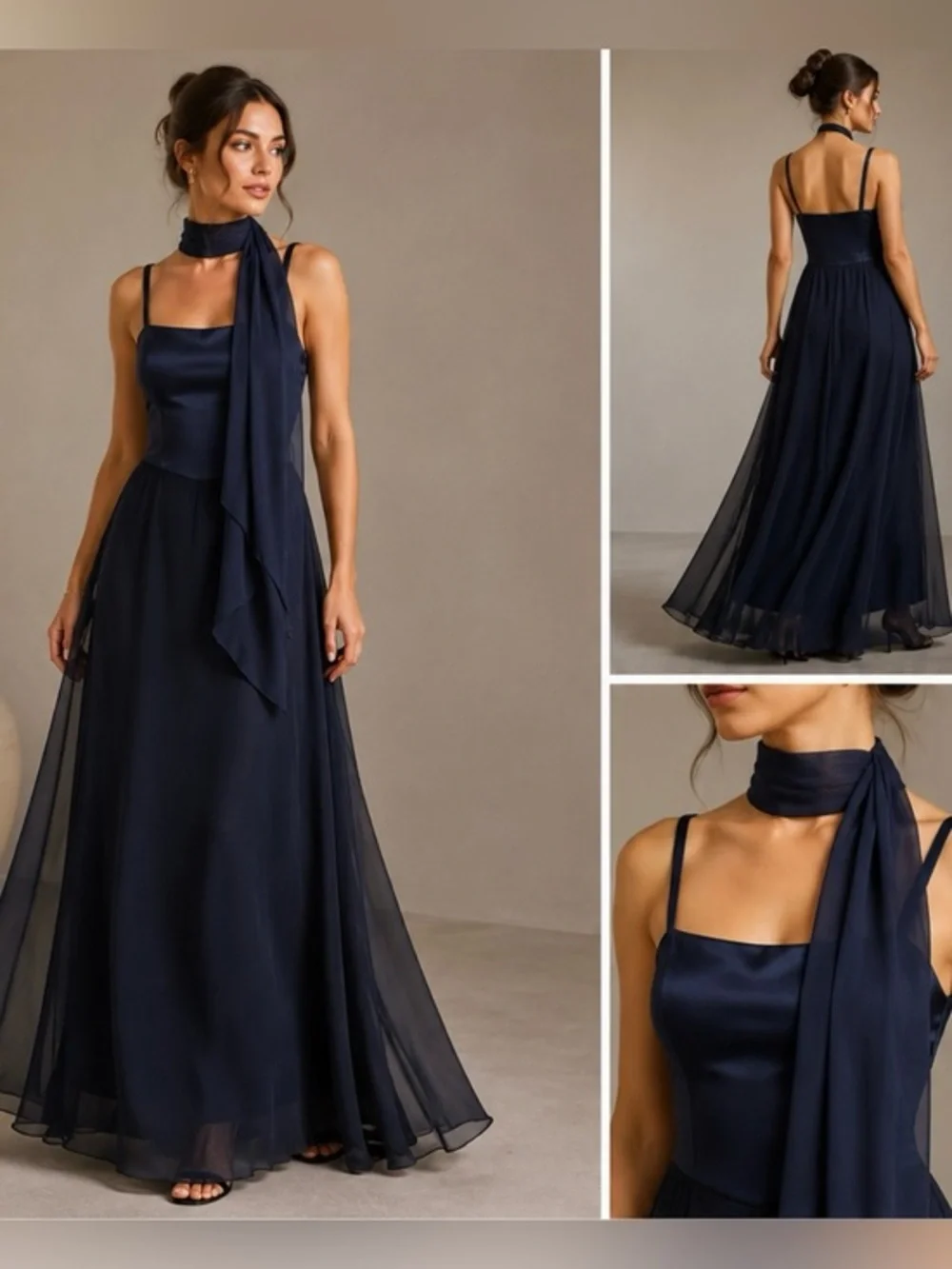 Vintage 90s Adrianna Papell Occasions Navy Satin & Sheer Evening Gown Neck Scarf